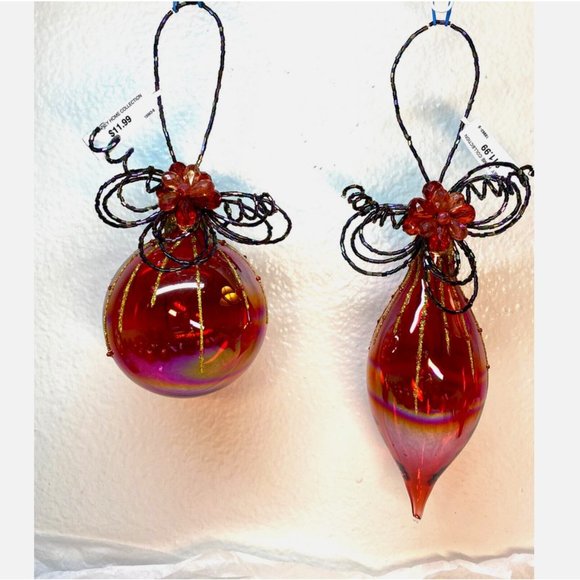 Vintage Christmas Glass Ornaments Red Teardrop Round W Beads Decor Set of 2 NWT - Picture 8 of 15